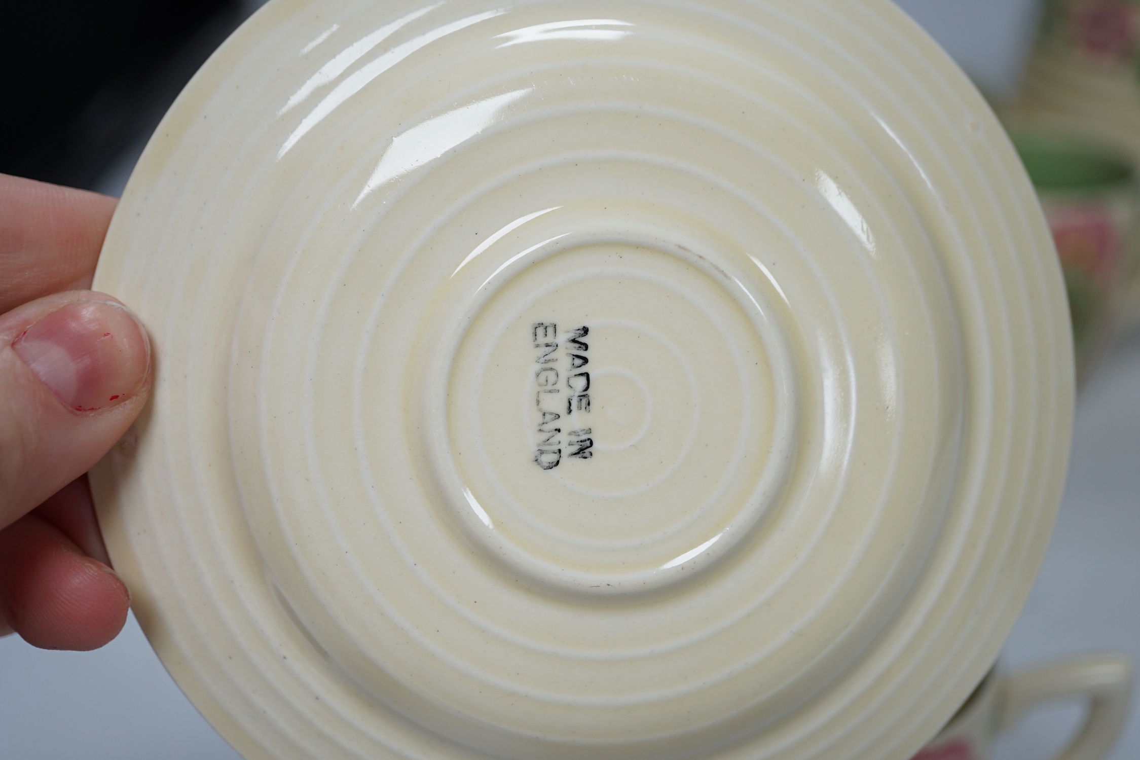 A Clarice Cliff Lynton shape coffee set, for six places, coffee pot 18cm high (9)